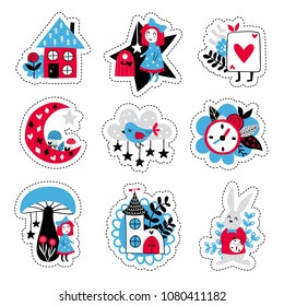 Fairytale cute elements. Color vector stickers. Illustration with girl and decor. Design for prints and cards.