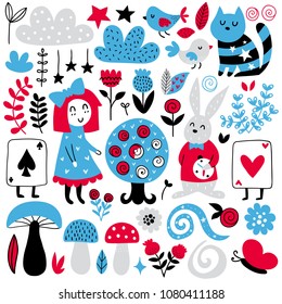 Fairytale cute elements. Color vector items. Illustration with girl and decor. Design for prints and cards.