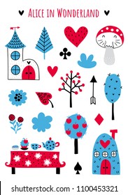 Fairytale cute elements. Color vector items. Illustration with house and decor. Design for prints and cards.