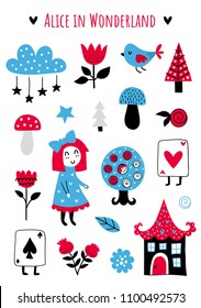 Fairytale cute elements. Color vector items. Illustration with girl and decor. Design for prints and cards.