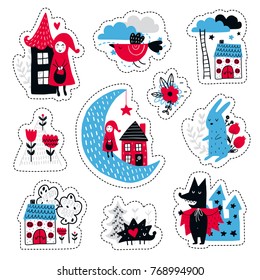 Fairytale cute elements. Color vector stickers. Illustration with girl and wolf. Design for prints and cards.