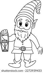 Fairytale Cute Gnome with a Lamp for Coloring. Vector Illustration Fairy Gnome with Beard