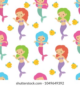Fairytale cute mermaids sea underwater girls. Summer seamless vector pattern. Underwater character girl mermaid, marine female illustration