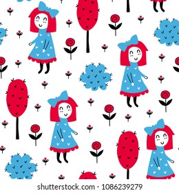 Fairytale cute seamless pattern. Color vector background. Illustration. Design for T-shirt, textile and prints.