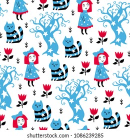 Fairytale cute seamless pattern. Color vector background. Illustration. Design for T-shirt, textile and prints.