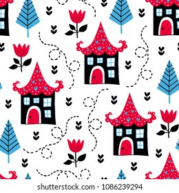 Fairytale cute seamless pattern. Color vector background. Illustration. Design for T-shirt, textile and prints.