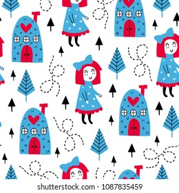 Fairytale cute seamless pattern. Color vector background. Design for T-shirt, textile and prints.