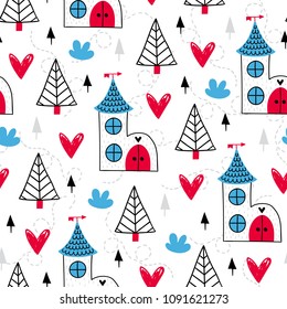 Fairytale cute seamless pattern. Color vector background. Illustration. Design for T-shirt, textile and prints.