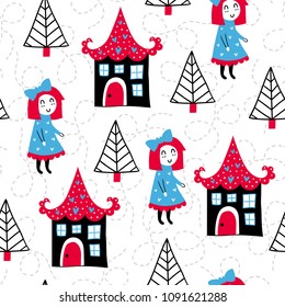 Fairytale cute seamless pattern. Color vector background. Illustration. Design for T-shirt, textile and prints.