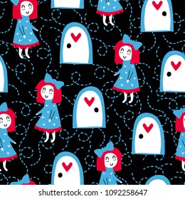 Fairytale cute seamless pattern. Color vector background. Illustration. Design for T-shirt, textile and prints.