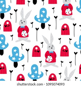 Fairytale cute seamless pattern. Color vector background. Illustration with rabbit. Design for T-shirt, textile and prints.