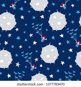 Fairytale cute seamless pattern. Color vector background with boy and planet. Illustration, space theme. Design for T-shirt, textile and prints.