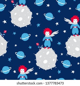 Fairytale cute seamless pattern. Color vector background with boy and planet. Illustration. Design for T-shirt, textile and prints.
