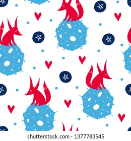 Fairytale cute seamless pattern. Color vector background with planet and fox. Illustration. Design for T-shirt, textile and prints.