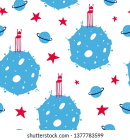 Fairytale cute seamless pattern. Color vector background with chair and planet. Illustration. Design for T-shirt, textile and prints.