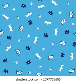 Fairytale cute seamless pattern. Color vector background with different crowns. Illustration. Design for T-shirt, textile and prints.