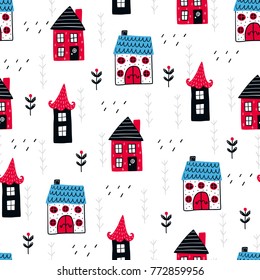 Fairytale cute seamless pattern. Color vector background. Illustration with house and flowers. Design for T-shirt, textile and prints.