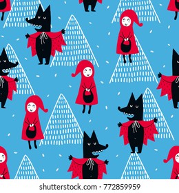 Fairytale cute seamless pattern. Color vector background. Illustration with girl and wolf. Design for T-shirt, textile and prints.