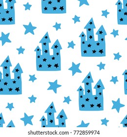 Fairytale cute seamless pattern. Color vector background. Illustration with castle and stars. Design for T-shirt, textile and prints.