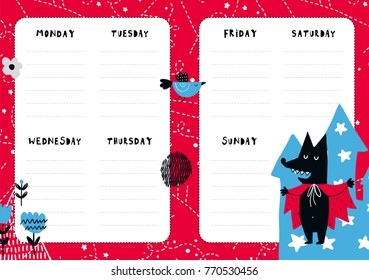 Fairytale daily planner template. Note paper with funny Illustrations. Perfect for kids. Organizer and Schedule with wolf and castle.