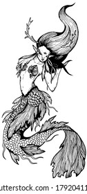 Fairytale dark creature, magic isolated character, mysterious mermaid, dweller marine with thick hair and horns, sea inhabitant with sharp ears and seaweed, with a large scaly tail and fins.