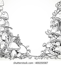 Fairytale decorative graphics mushrooms and flowers in the magic forest. Black and white. Coloring book