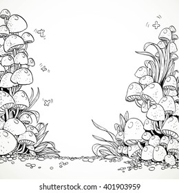 Fairytale decorative graphics mushrooms in the magic forest. Black and white. Coloring book