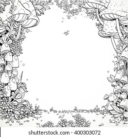 Fairytale decorative mushrooms and flowers in the magic forest. Black and white. Coloring book