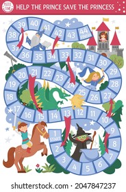 Fairytale dice board game for children with castle, witch, dragon, stargazer. Magic kingdom boardgame.  Fairy tale activity or printable worksheet for kids. Help the prince save the princess