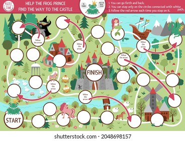 Fairytale dice board game for children with medieval village map. Magic kingdom boardgame.  Fairy tale activity or printable worksheet for kids. Help the frog prince find the way to the castle