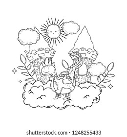 fairytale dinosaur with castle in clouds