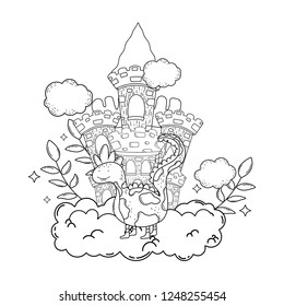 fairytale dinosaur with castle in clouds