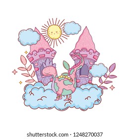fairytale dinosaur with castle in clouds