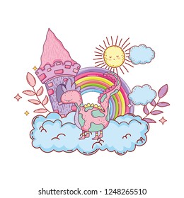 fairytale dinosaur with castle and rainbow