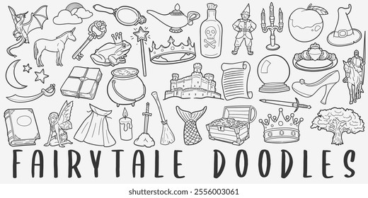 Fairytale Doodle Icons Black and White Line Art. Fantasy Clipart Hand Drawn Symbol Design.