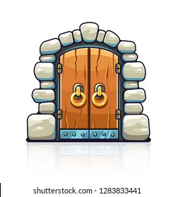 Fairy-tale door with golden handles. Entrance to stone dungeon or secret room with treasures. Isolated white background. EPS10 vector illustration.