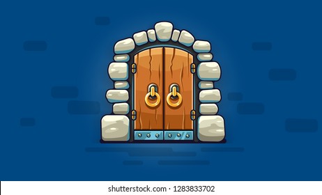 Fairy-tale door with golden handles. Entrance to stone dungeon or secret room with treasures. Banner on blue background. EPS10 vector illustration.