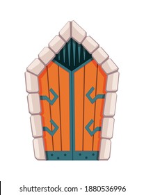 Fairytale door medieval. Element of medieval castle or fortres. Wooden portal with stone arch, forged metal hinges. Vector cartoon gate isolated on white background