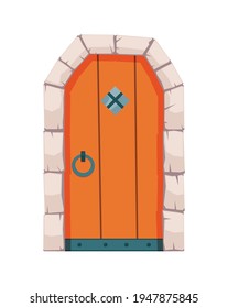 Fairytale door medieval. Element of medieval castle or fortres. Wooden portal with stone arch, forged metal hinges. Vector cartoon gate isolated on white background