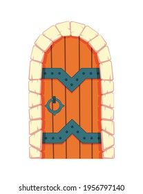 Fairytale door medieval. Element of medieval castle or fortres. Wooden portal with stone arch, forged metal hinges. Vector cartoon gate isolated on white background