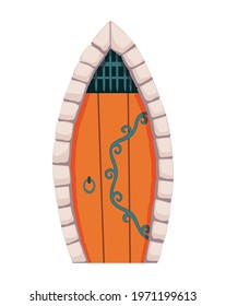 Fairytale door medieval. Element of medieval castle or fortres. Wooden portal with stone arch, forged metal hinges. Vector cartoon gate isolated on white background