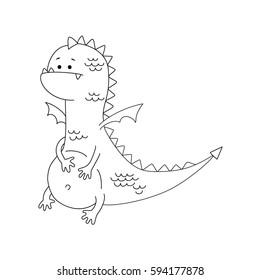 Fairytale dragon drawn in childish style. Simple vector illustration isolated on white background.