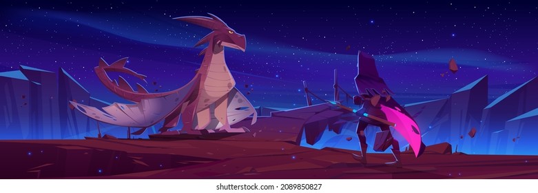 Fairytale dragon and knight with magic spear on mountain with hanging rope bridge over abyss. Vector cartoon fantasy illustration of medieval warrior or wizard fights creepy beast with wings at night