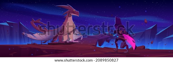 Fairytale dragon and knight with magic spear on\
mountain with hanging rope bridge over abyss. Vector cartoon\
fantasy illustration of medieval warrior or wizard fights creepy\
beast with wings at\
night
