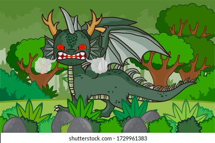 Fairytale dragon, magic lizard with wings and fire breathing serpent. Flying dragon medieval reptile flies fantasy baby monster cartoon isolated vector icons 