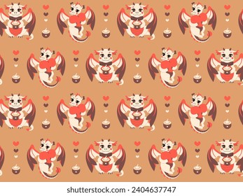 Fairytale dragon seamless pattern with a cup of cappuccino and heart in autumnal colors. Vector illustration in flat cartoon style. Nursery print for kids apparel, fabric, wrapping paper, wallpaper