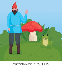 Fairytale dwarf cartoon at forest design, Fantasy magic and medieval theme Vector illustration