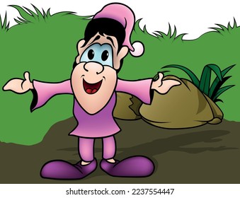 Fairy-tale Dwarf in Purple Clothes with Open Arms - Colored Cartoon Illustration with Background, Vector
