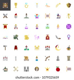 Fairytale elements collection, flat icons set, Colorful symbols pack contains - Treasure, Diamond, Shield, Sword, Excalibur, Letter, Key, Magic Vector illustration. Flat style design