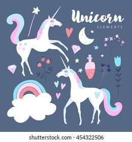 Fairytale elements. Unicorn with rainbow, stars, cloud, magic potion and flowers. Cute isolated vector objects, flat design.